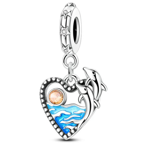 Heart Shaped With Dolphins And Waves Charm - Heart Shaped With Dolphins And Waves Pandora Charm