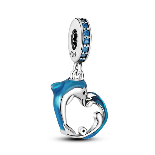 Heart Shaped Dolphin And Wave Dangle Charm