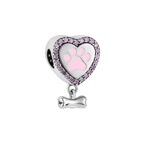 Heart Shaped Pink Paw And Bone Charm - Heart Shaped Pink Paw And Bone Charm