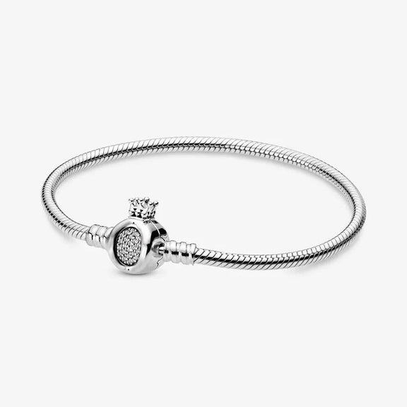 Crowned Elegance Sterling Silver Snake Chain Charm Bracelet - Crowned elegance sterling silver snake chain charm bracelet with crown clasp and cubic zirconia