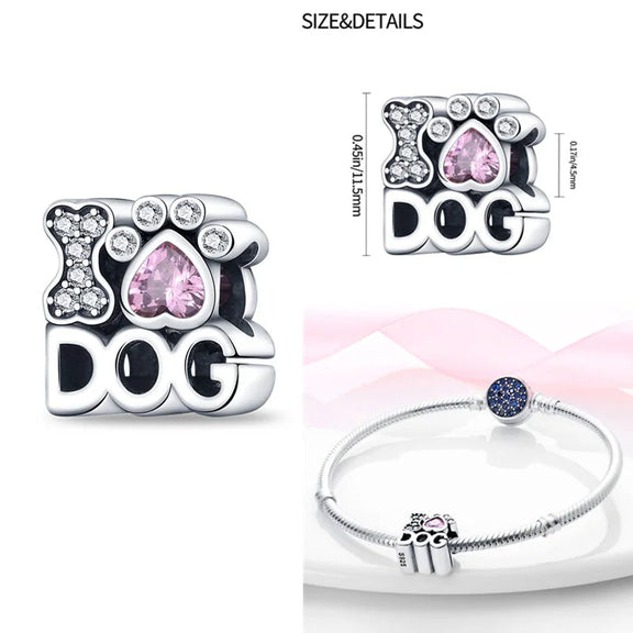 I Love Dogs Charm with Pink Crystal and Sterling Silver - Sterling silver charm with "I Love Dogs" design, featuband pink crystal heart, bone,.