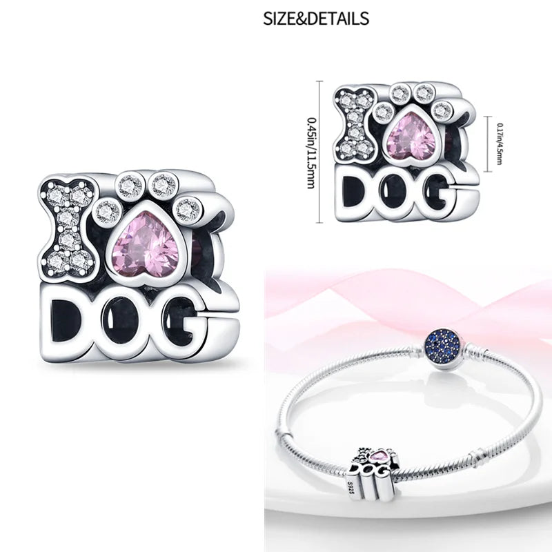 Sterling silver charm with "I Love Dogs" design, featuband pink crystal heart, bone,.