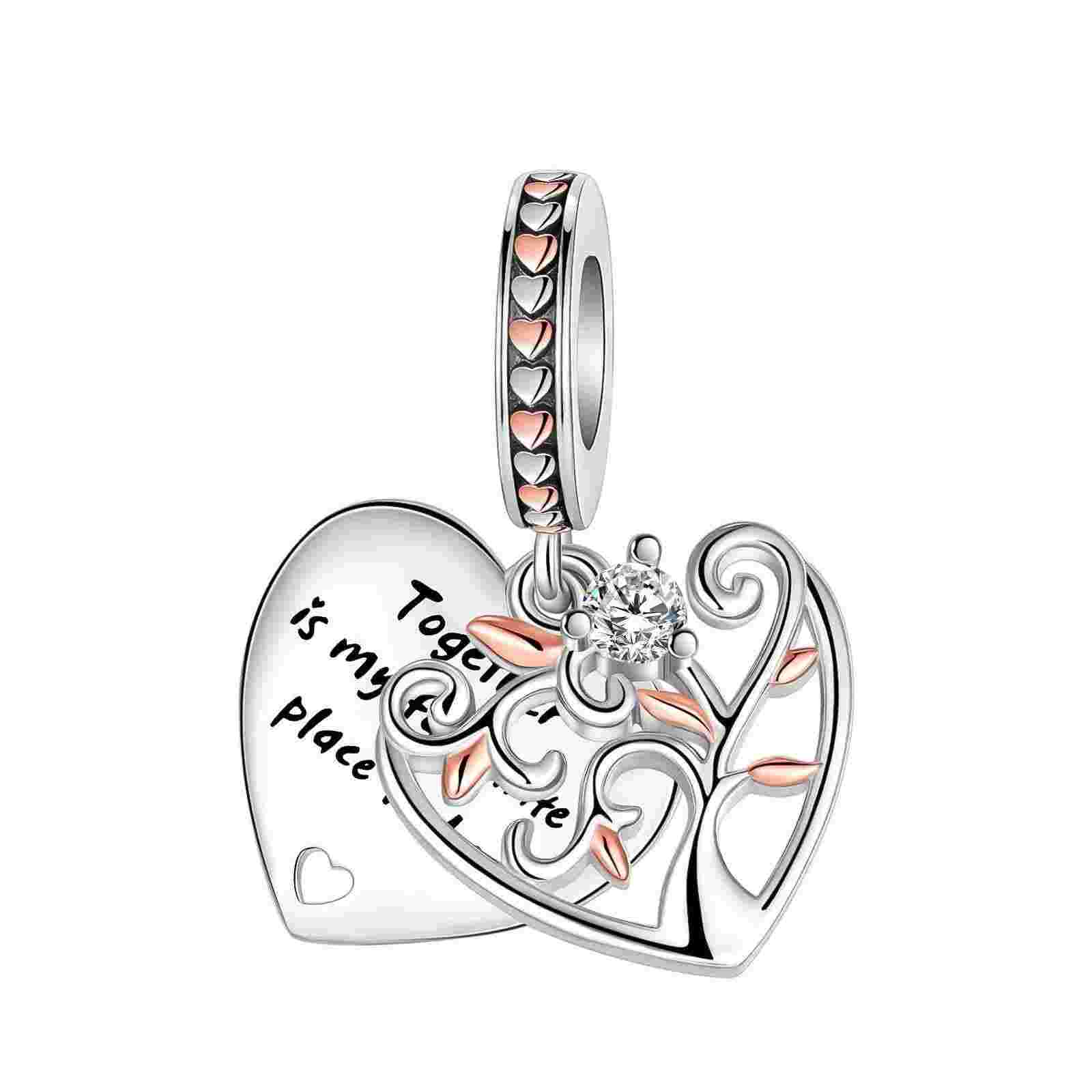 Sterling silver heart charm with crystal, rose gold accents, and inscribed message.