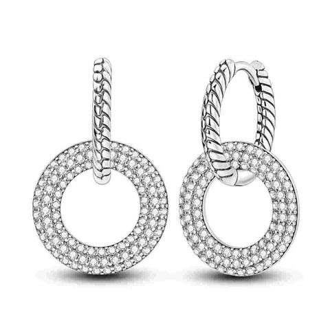 Stunning Sterling Silver Hoop Earrings Sparkling Crystals - Sterling silver twisted circle drop earrings with sparkling stones.