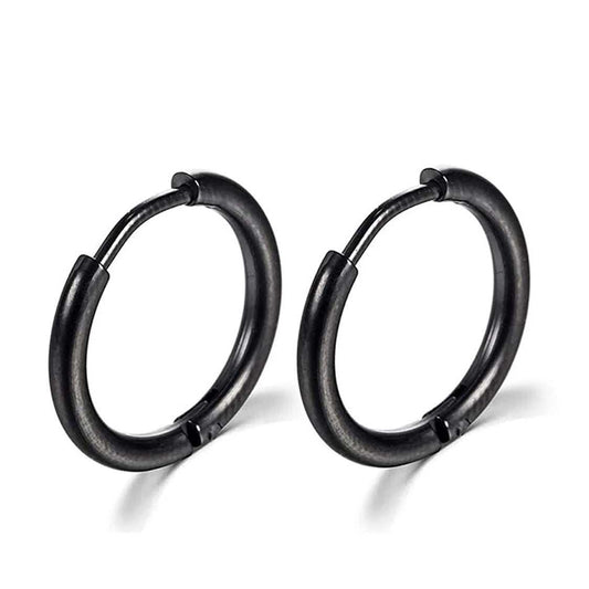 Black titanium hoop earrings with minimalist design.