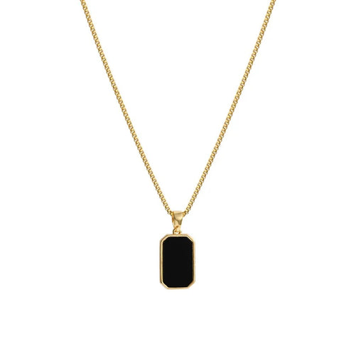 Elegant Gold-Plated Square Pendant Necklace with Black Stone - Elegant gold-plated necklace with a black stone square pendant, perfect for sophisticated looks.