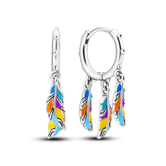 Colorful Feather Dangle Earrings with Silver Hoops - Colorful feather dangle earrings with silver hoops on a white background.