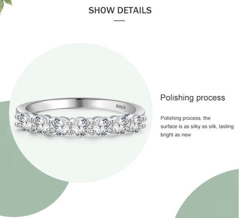 Sterling Silver Diamond wedding Ring-Promise Ring - A detailed view of the silver ring showing its polished finish and embedded stones, with text highlighting the polishing process and the S sterling silver mark inside the band.