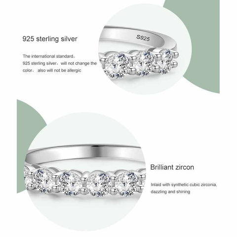 Sterling Silver Diamond wedding Ring-Promise Ring - Close-up views of the silver ring emphasizing the sterling silver material and the brilliant zircon stones, with text describing the material's quality and non-allergic properties.