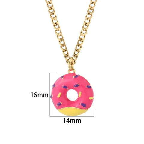 Fun and Whimsical Pink Donut Pendant Necklace - Gold-plated necklace with a pink enamel donut pendant, featuband sprinkles.