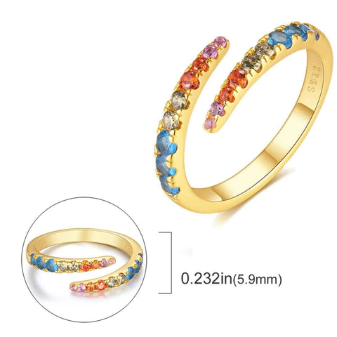 Gold plated open band ring with rainbow CZ blue red and pink