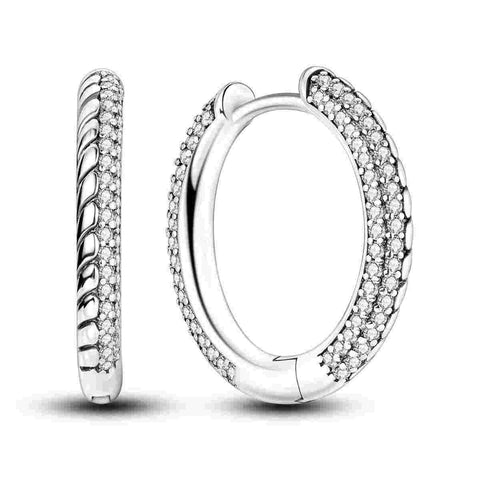 Elegant Sterling Silver Hoop Earrings Dazzling Pave Crystals - Sterling silver hoop earrings with a row of sparkling diamonds.