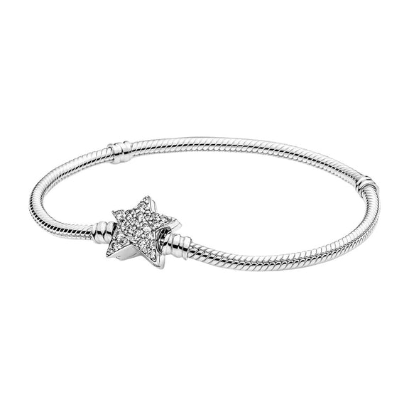 Starry Charm Sterling Silver Snake Chain Charm Bracelet - Starry charm sterling silver snake chain charm bracelet with star-shaped cubic zirconia clasp