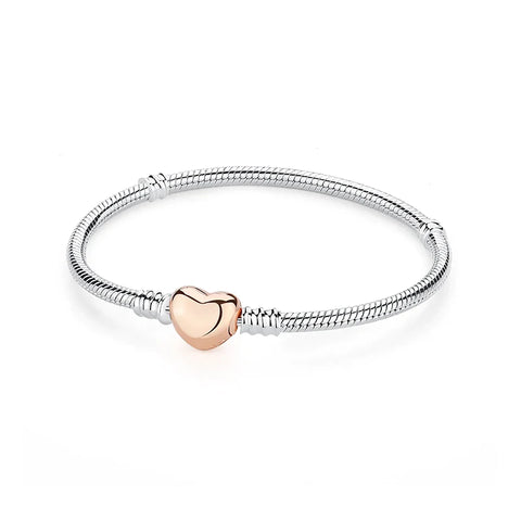 Sterling Silver Snake Chain Bracelet with Rose Gold Heart Charm