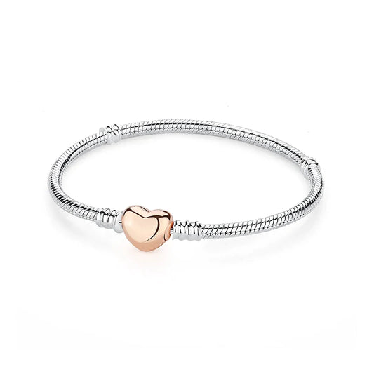 Sterling Silver Snake Chain Bracelet with Rose Gold Heart Charm