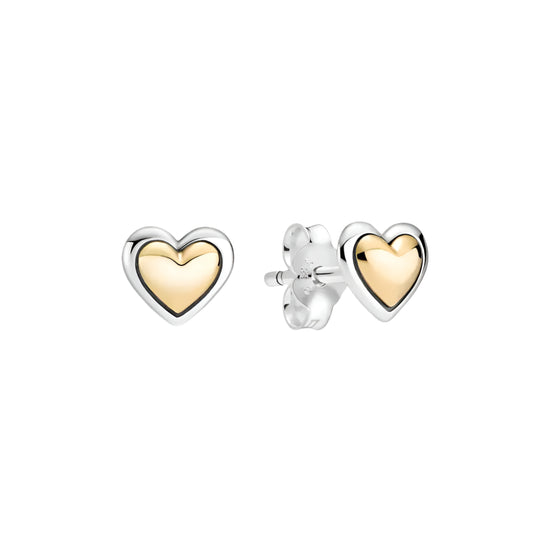 Sterling silver heart stud earrings with two-tone design, featuring a unique and elegant look.