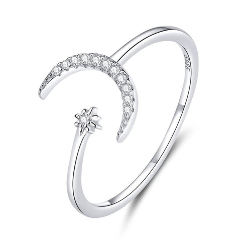 Moon and Star Silver Open Ring
