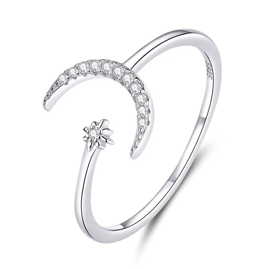 Moon and Star Silver Open Ring