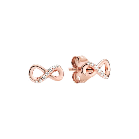 Rose Gold Infinity Stud Earrings Sparkling Crystals - Rose gold infinity stud earrings with sparkling crystals, featuring a delicate and elegant design.