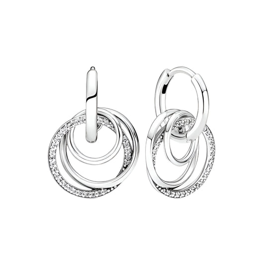 Sterling silver double circle hoop earbands with pave crystals, featuband an intricate.