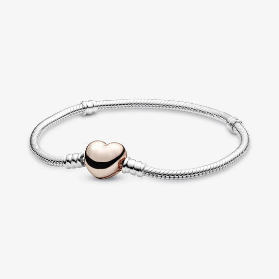 Rose Gold Heart Charm Bracelet with Sleek Snake Chain - Rose gold heart sterling silver snake chain charm bracelet with heart-shaped clasp