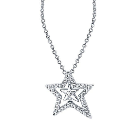Shimmering Star Pendant Necklace with Crystals - Sterling silver star pendant necklace with cubic zirconia accents, showcasing its intricate design and sparkling finish.