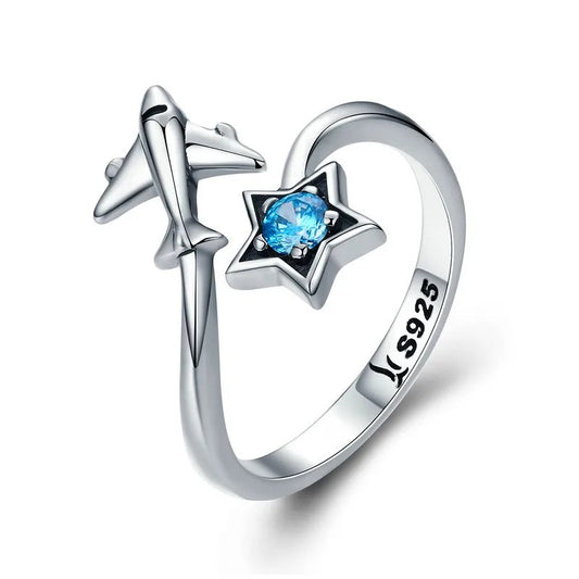 Sterling Silver Airplane Star Adjustable Ring – Travel-Inspired