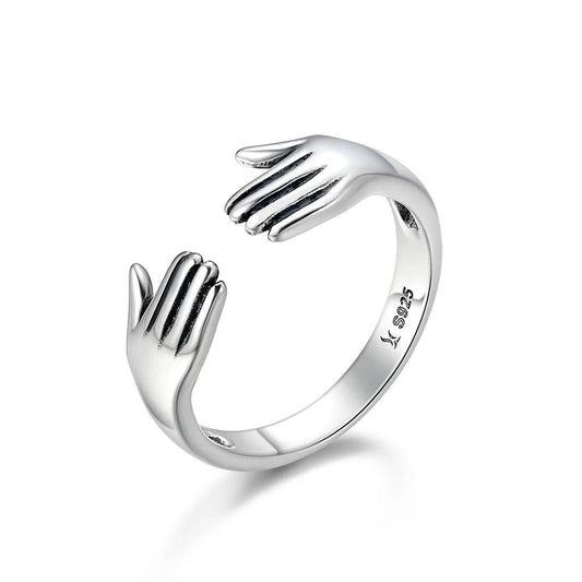 Sterling Silver Hand Hug Adjustable Ring - Care Open Ring