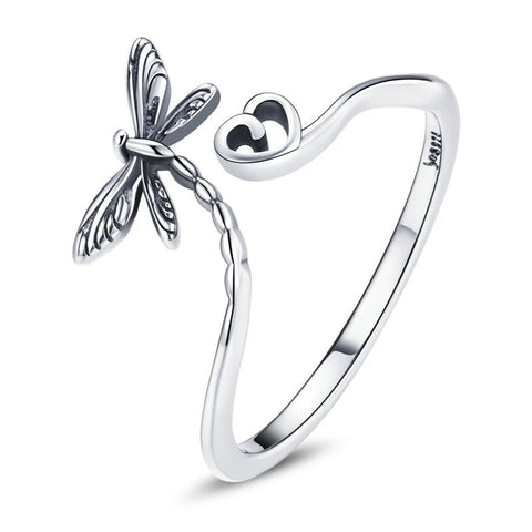 Sterling Silver Dragonfly Heart Adjustable Ring - Nature-Inspired - Sterling Silver Dragonfly Heart Adjustable Ring - Nature-Inspired