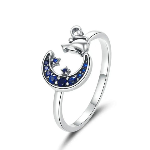 Cat blue moon silver Ring -Open Ring - Cat with a blue moon silver Ring -Open Ring