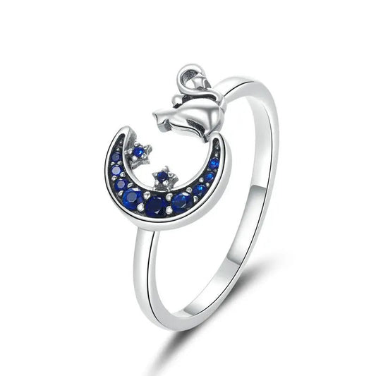 Cat with a blue moon silver Ring -Open Ring