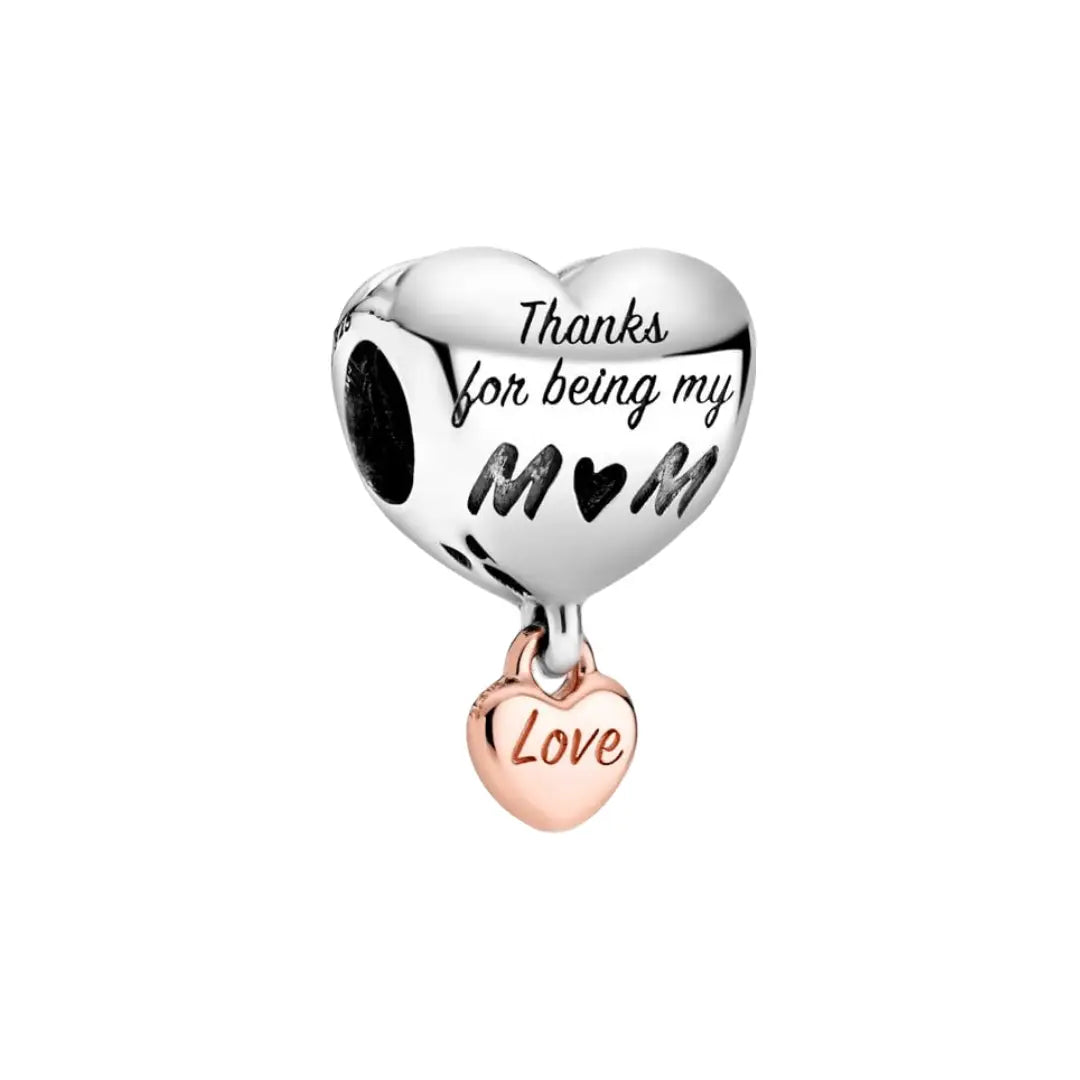 Heartfelt Mom Charm with Rose Gold Heart and Engraving in Sterling Silver