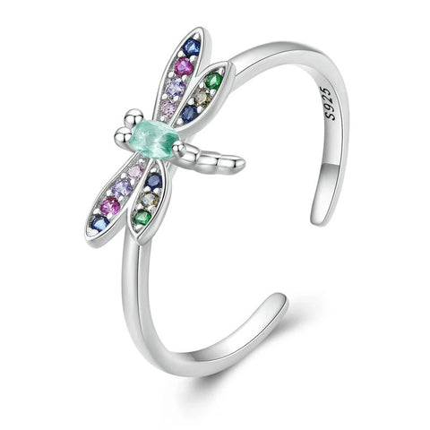 Colorful Gemstone Silver Dragonfly Adjustable Ring - Colorful Gemstone Silver Dragonfly Adjustable Ring