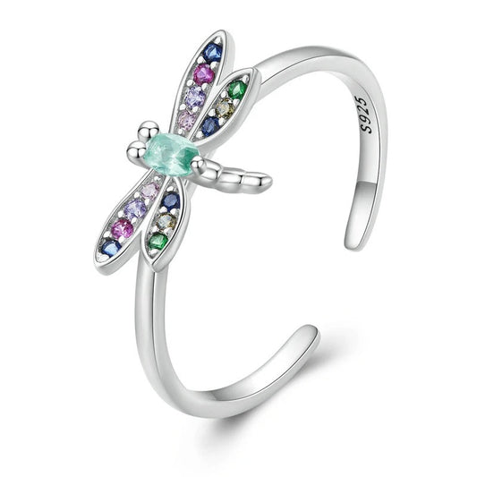 Colorful Gemstone Silver Dragonfly Adjustable Ring