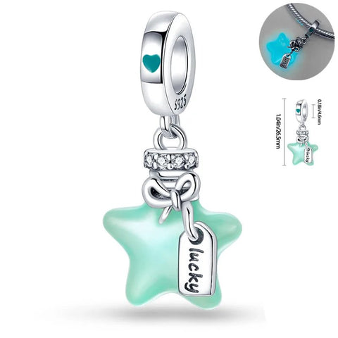 Lucky Star Charm for Pandora Bracelet - Luminous Enamel Bead - Silver lucky star charm with mint green enamel, cubic zirconia, and a "lucky" tag.