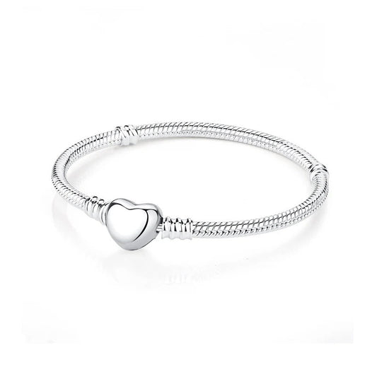 Classic heart sterling silver snake chain charm bracelet with polished heart clasp