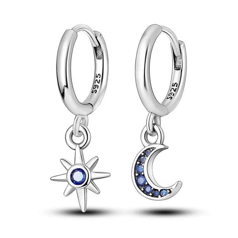 Silver Gold Rose Gold Star Moon Drop Earrings - Sterling Silver S Hoop Earbands with Blue Crystal Star.
