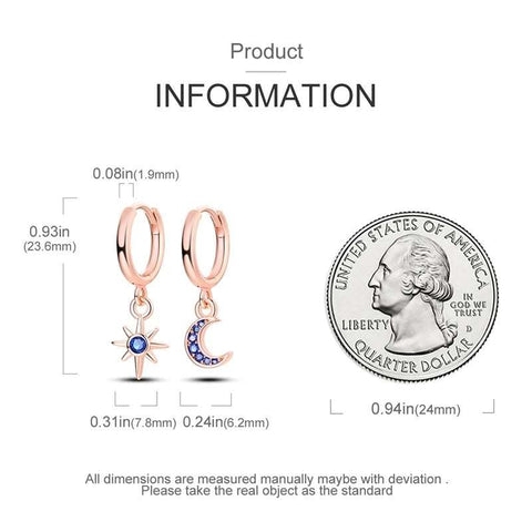 Silver Gold Rose Gold Star Moon Drop Earrings - Product dimensions of sterling silver hoop earrings with star and moon charms next to a quarter for size comparison.