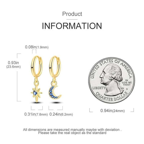 Silver Gold Rose Gold Star Moon Drop Earrings - Product dimensions of gold hoop earrings with star and moon charms next to a quarter for size comparison.