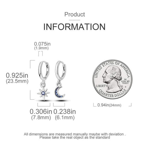 Product dimensions of sterling silver hoop earrings with star and moon charms next to a quarter for size comparison.