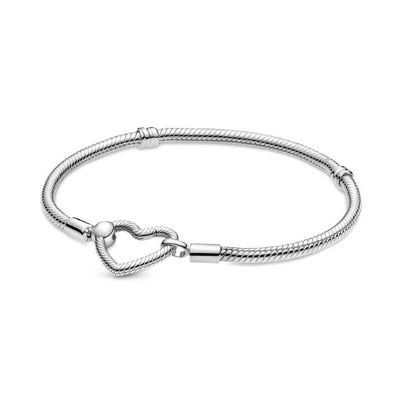 Madeleine Sterling Silver Snake Chain Bracelet with Heart Clasp - Sterling Silver Snake Chain Bracelet with Heart Clasp