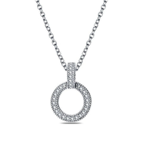 Sterling silver necklace with a circular pendant encrusted with clear crystals, on a fine chain.