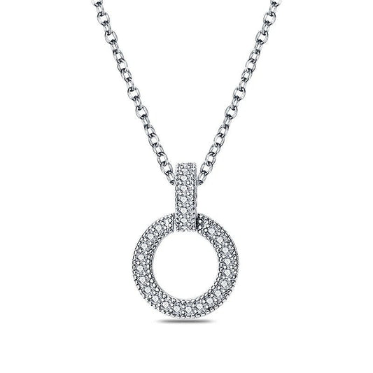 Sterling silver necklace with a circular pendant encrusted with clear crystals, on a fine chain.
