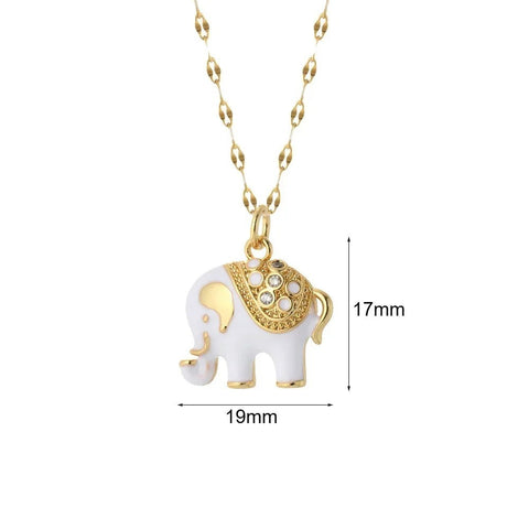 Gold-Plated Elephant Pendant Necklace White Enamel Crystal Accents - Gold-plated elephant pendant necklace with white enamel and crystal accents.