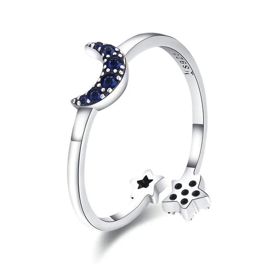 Sterling Silver Moon and Star Adjustable Ring - Open Ring