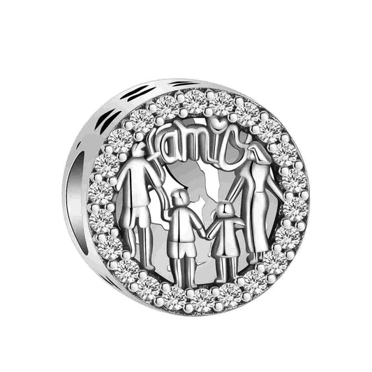 Silver charm with family holding hands surrounded by cubic zirconia, fitting Pandora bracelets