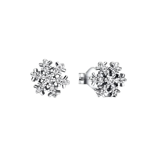 Sterling silver snowflake stud earrings with crystals, featuring a delicate and charming design.