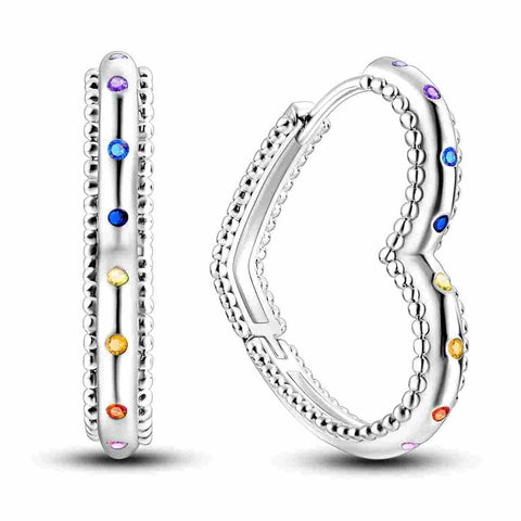 Playful Sterling Silver Multicolored Heart Hoop Earrings - Sterling silver heart-shaped hoop earrings with multicolored stones.