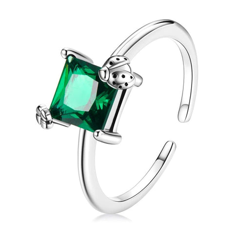 Emerald Ladybug Green Gemstone Sterling Silver Adjustable Ring - Emerald Ladybug Green Gemstone Sterling Silver Adjustable Ring