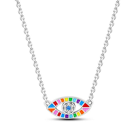 Elegant silver necklace featuband a vibrant, multicolored evil eye pendant with a central blue gem.